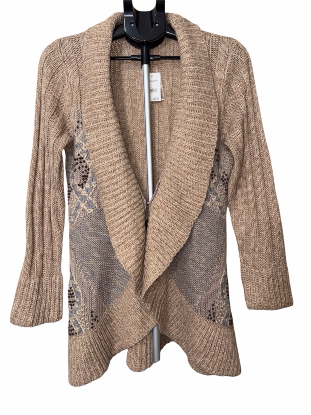 Cupio Knit Shawl Collar Cardigan Coastal Cozy Dusty Blue & Tan Size Medium NWT